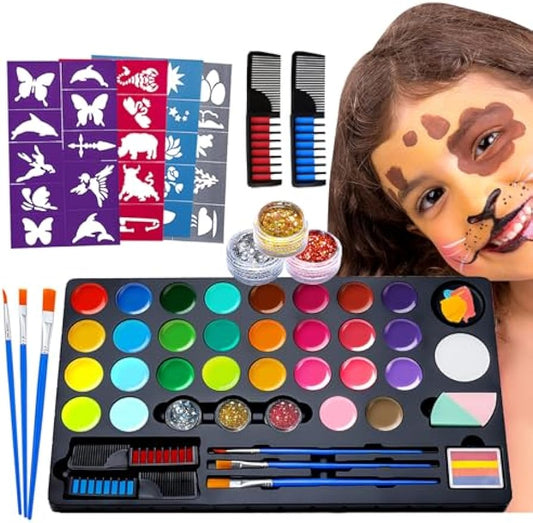 30 Colors Face Paint Kit, Reusable Water Based Body Paints Palette with Brushes and Face Painting Stencils for Kids and Adults Professional Halloween Cosplay and Parties Make-up Kit