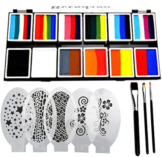 BVENDANO Professional Face Paint Makeup Split Cake Palette 12 脳 10gm Water Actived, Non-Toxic One Stroke Rainbow Body & Face Painting Kit with 5 Stencils, 3 Brushes for Kids Adults