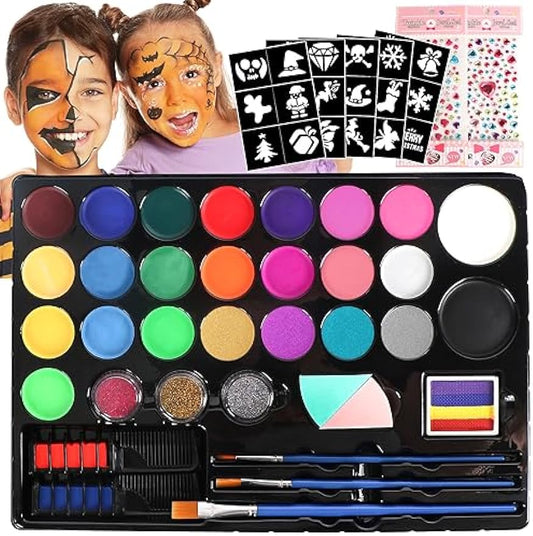 Face Painting Kit For Kids - 24 Water Based Non-Toxic Sensitive Skin Paints 3 Glitters 1 rainbow split cake 2 hair chalks combs 3 Paint Brushes 40 Stencils Face Body Paint for kids Party