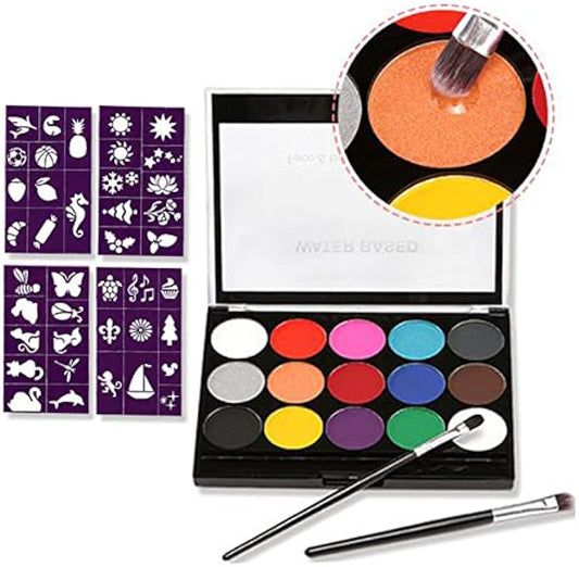 Face Paint Kit for Kids Adults, Professional Black White Paint Face Body Painting, 15 Colors with 2 Paint Brushes 32 Stencils, Hypoallergenic Safe Non-Toxic, Ideal Halloween Party Festivals Costumes