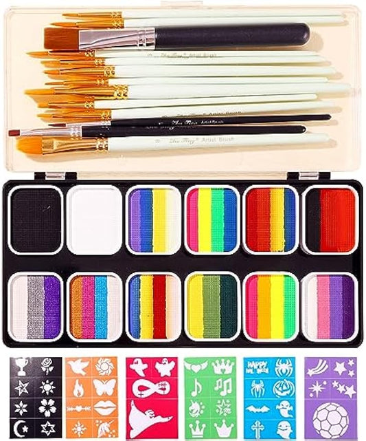 39 Colors Water Activated Face Painting Kit For Kids - Professional Face Paint with Stencil - Non Toxic Facepaint Makeup Kit with Brushes for Halloween
