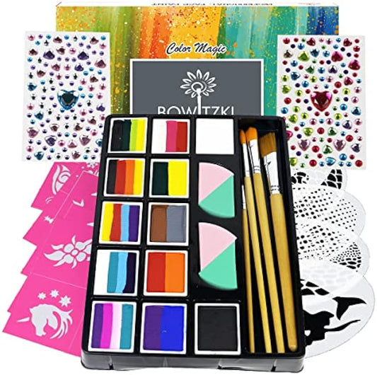 Bowitzki Professional Face Painting Kit For Kids Adults12 x 10gm Face Paint Set Stencil One Stroke Split Cakes Palette Non Toxic Rainbow Flora Unicorn Body Paint Makeup Halloween Christmas Jewels