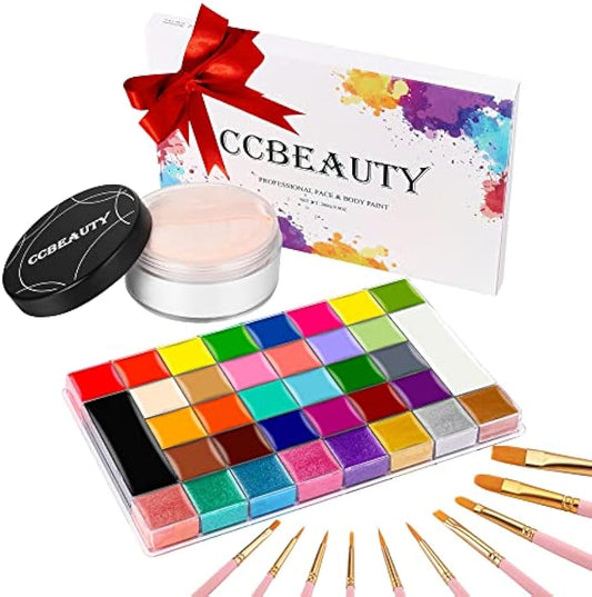 CCBeauty Face Body Paint Oil Palette Professional 36 Colors Face Painting Kit Cosplay Makeup with Translucent Setting Powder锛?0 Pink Brushes Halloween SFX Clown Makeup Kit for Adult