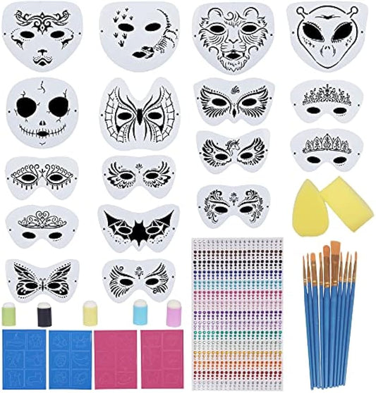 39Pcs Face Painting Stencils Kit-21 Face Painting Stencils 900 Face Gems 10 Paint Brush 2 Face Painting Sponges 5 Finger Sponges, Face Paint Stencils for Holiday Party Festival Makeup or Costumes