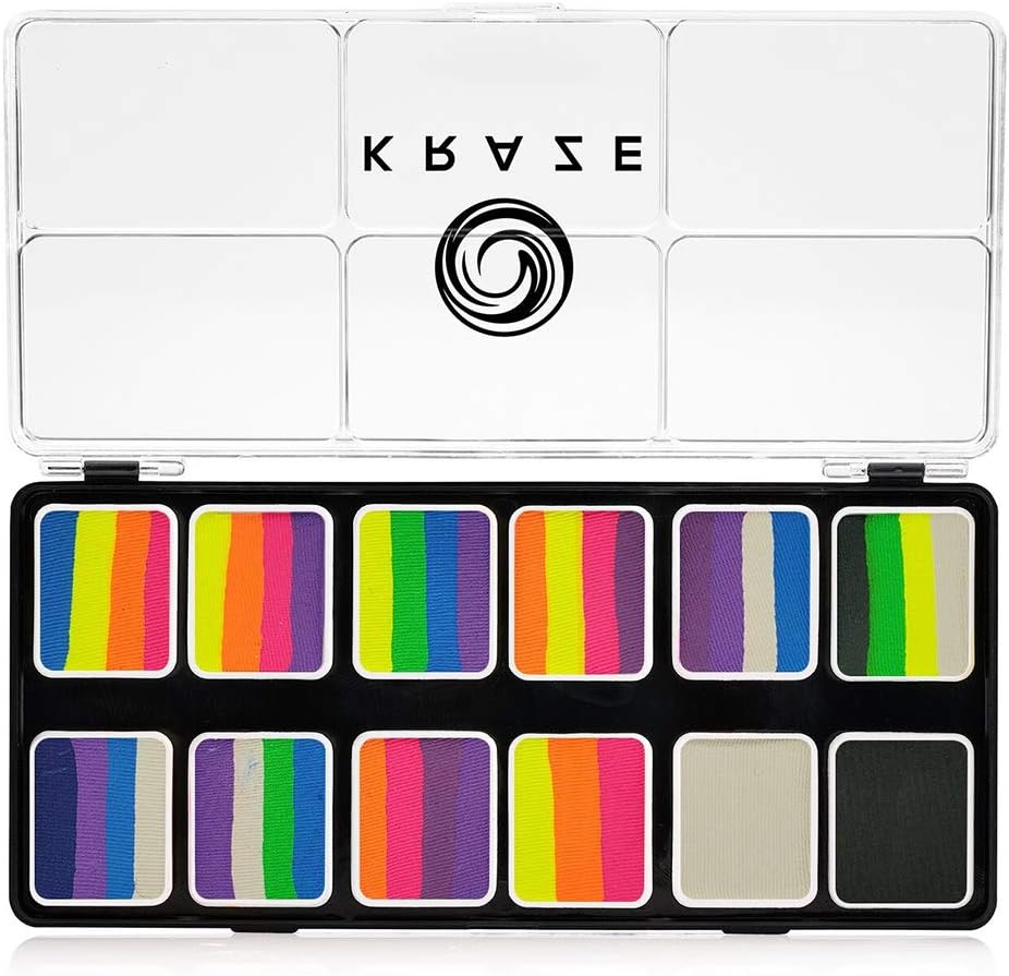 Kraze FX Splash Glam 12 Color Metallic Split Cake Palette (6 gm) with 2 Brushes - Water Activated, Hypoallergenic, Safe, Non-Toxic Face Painting Kit for Sensitive Skin, Kids & Adults