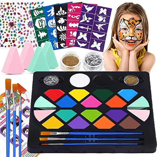 BOBISUKA Face Painting Kit for Kids - 16 Colors Water Based Body Face Paint Includes Brushes,Sponges,Glitters,Gem Sheet,Instructions,Stencils for Halloween Party Costume SFX Makeup
