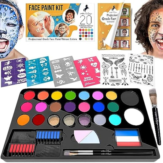 Face Painting Kit For Kids Party - 20 Water Based Non-Toxic Sensitive Skin Paints 3 Glitters 2 hair chalks combs 3 Paint Brushes 40 Stencils for kids 2 Tattoos Sheets Facepaint Kids Face Paint