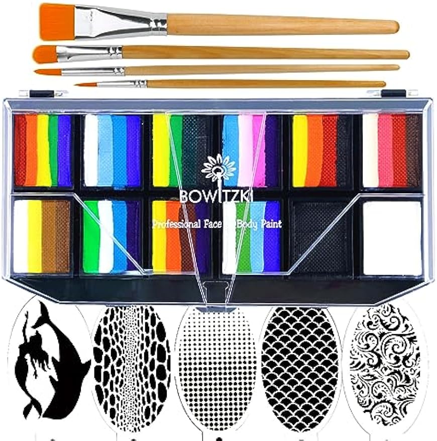 Bowitzki Professional Face Painting Kit For Kids Adults 12x10 gm Face paint Set with Stencil One Stroke Split Cake Non Toxic Rainbow Flora Dolphin Unicorn Flame Body Paint Makeup