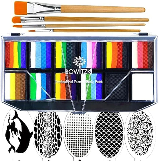 Bowitzki Professional Face Painting Kit For Kids Adults 12x10 gm Face paint Set with Stencil One Stroke Split Cake Non Toxic Rainbow Flora Dolphin Unicorn Flame Body Paint Makeup