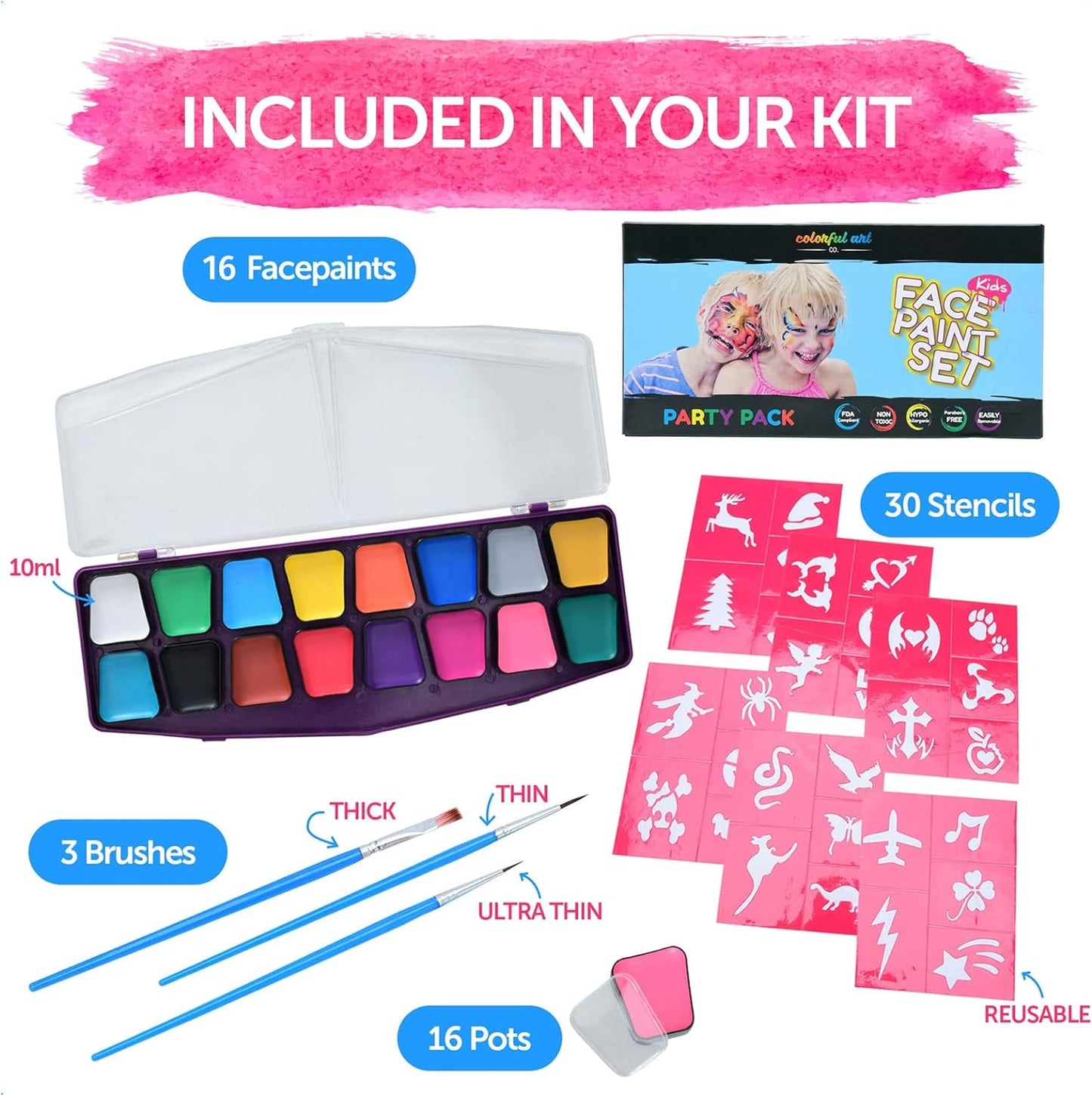 Colorful Art Co. Face Paint Kit for Kids - Pack of 16 Water-Based Paints with 3 Painting Brushes and 30 Stencils - Palette for Cosplay, SFX, Party & Holiday Makeup