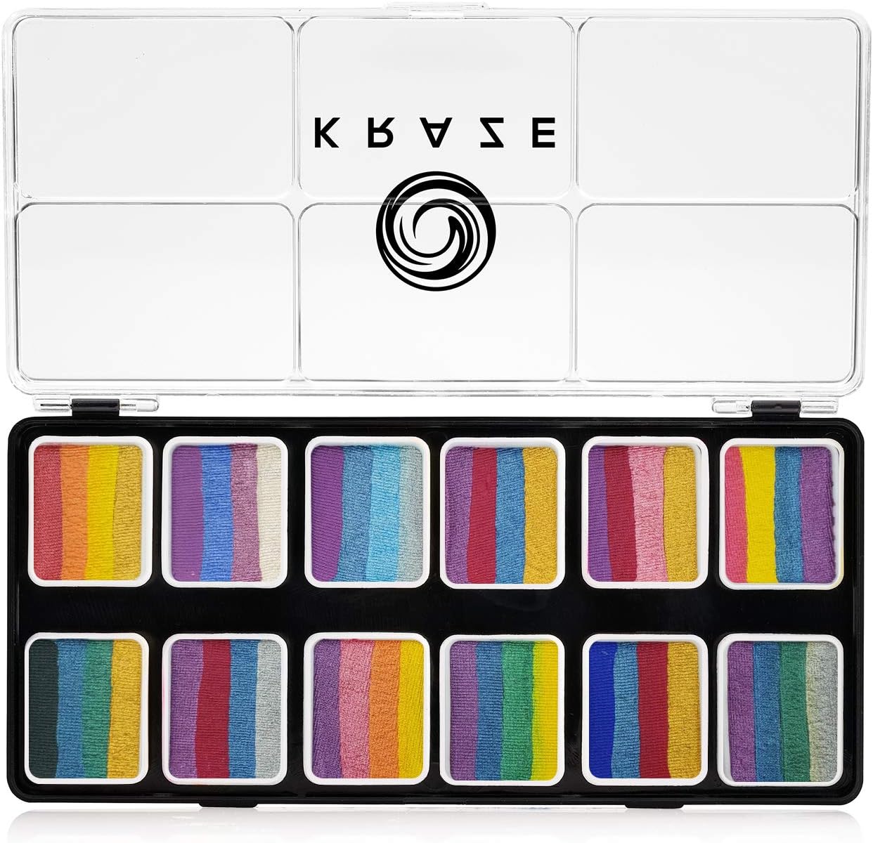 Kraze FX Splash Glam 12 Color Metallic Split Cake Palette (6 gm) with 2 Brushes - Water Activated, Hypoallergenic, Safe, Non-Toxic Face Painting Kit for Sensitive Skin, Kids & Adults