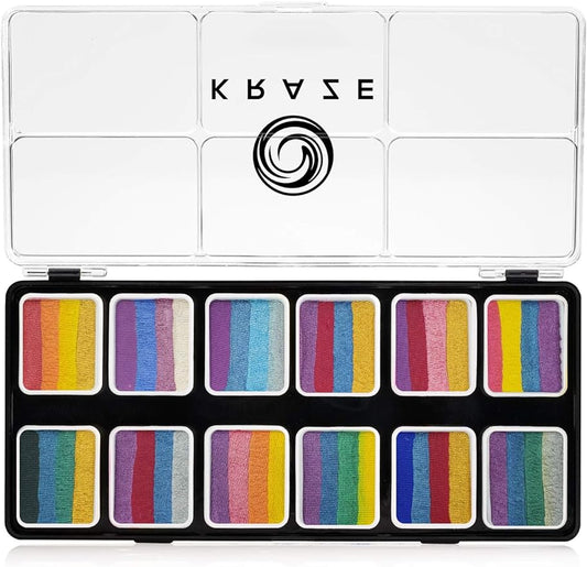 Kraze FX Splash Glam 12 Color Metallic Split Cake Palette (6 gm) with 2 Brushes - Water Activated, Hypoallergenic, Safe, Non-Toxic Face Painting Kit for Sensitive Skin, Kids & Adults