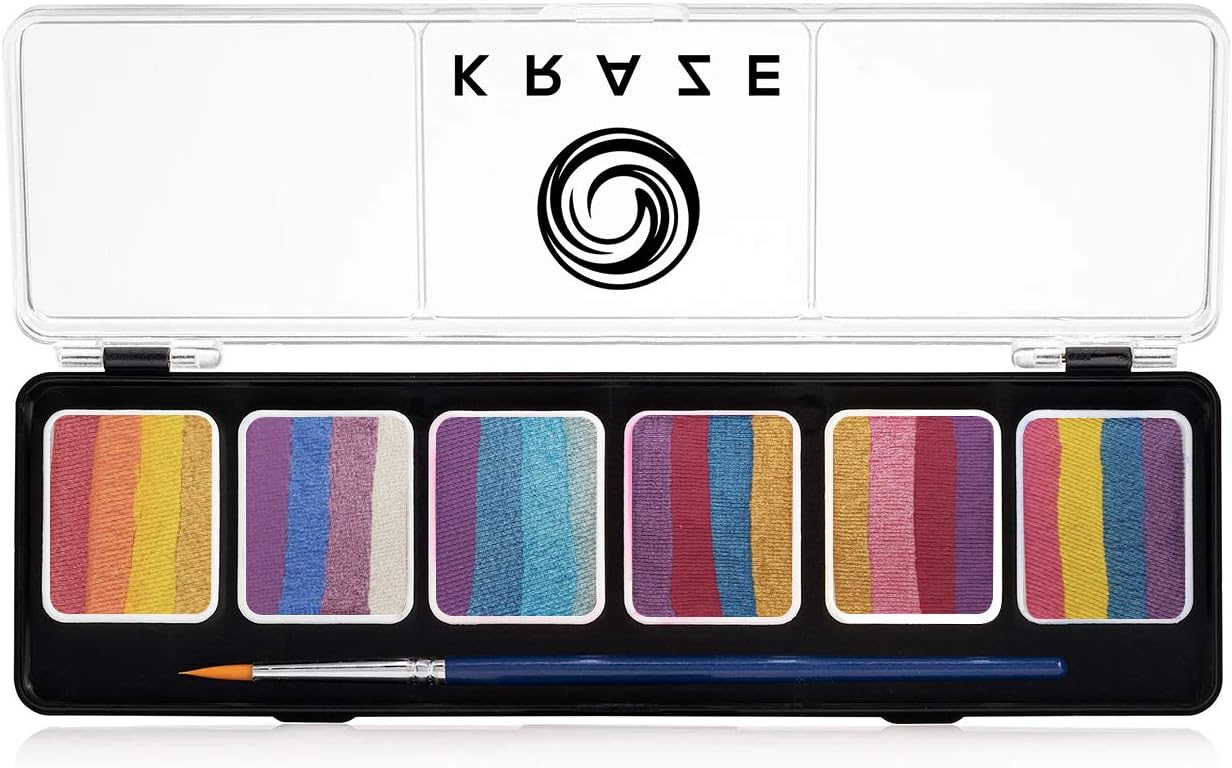 Kraze FX Splash Glam 12 Color Metallic Split Cake Palette (6 gm) with 2 Brushes - Water Activated, Hypoallergenic, Safe, Non-Toxic Face Painting Kit for Sensitive Skin, Kids & Adults