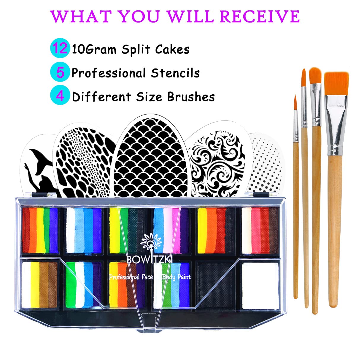 Bowitzki Professional Face Painting Kit For Kids Adults 12x10 gm Face paint Set with Stencil One Stroke Split Cake Non Toxic Rainbow Flora Dolphin Unicorn Flame Body Paint Makeup