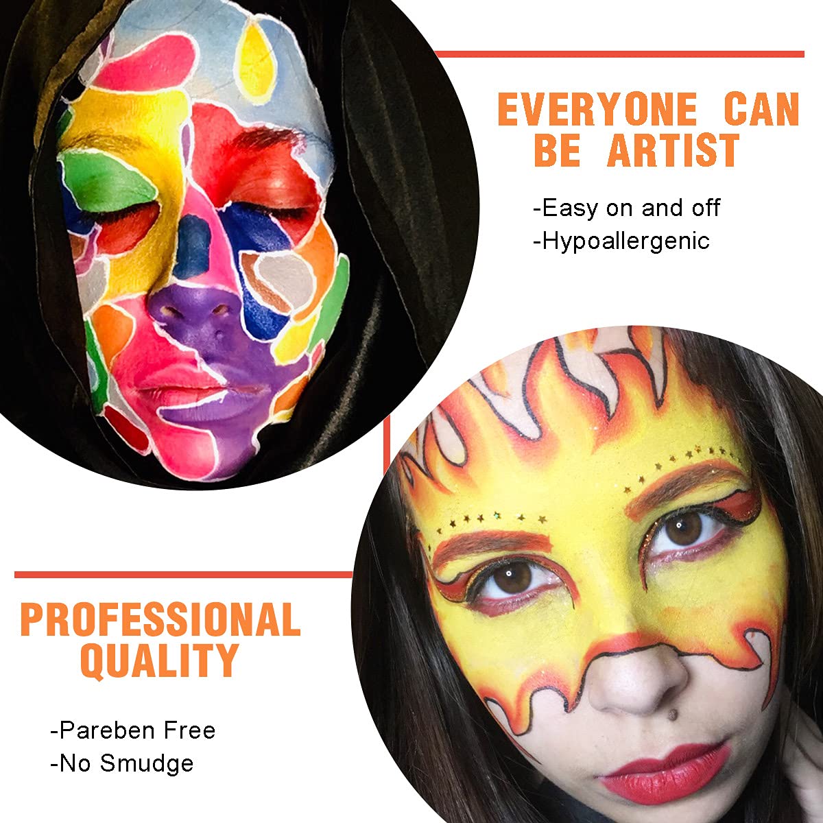 Bowitzki Professional Face Painting Kit For Kids Adults 12x10 gm Face paint Set with Stencil One Stroke Split Cake Non Toxic Rainbow Flora Dolphin Unicorn Flame Body Paint Makeup