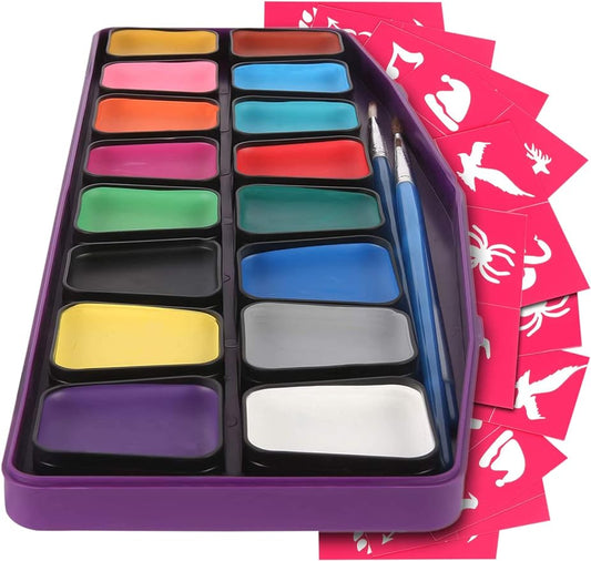 Colorful Art Co. Face Paint Kit for Kids - Pack of 16 Water-Based Paints with 3 Painting Brushes and 30 Stencils - Palette for Cosplay, SFX, Party & Holiday Makeup