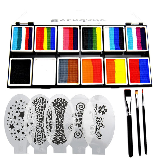 BVENDANO Professional Face Paint Makeup Split Cake Palette 12 脳 10gm Water Actived, Non-Toxic One Stroke Rainbow Body & Face Painting Kit with 5 Stencils, 3 Brushes for Kids Adults