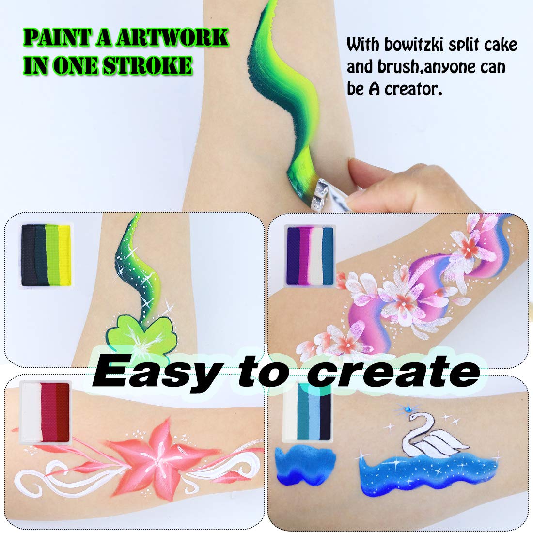 Bowitzki Professional Face Painting Kit For Kids Adults 12x10 gm Face paint Set with Stencil One Stroke Split Cake Non Toxic Rainbow Flora Dolphin Unicorn Flame Body Paint Makeup