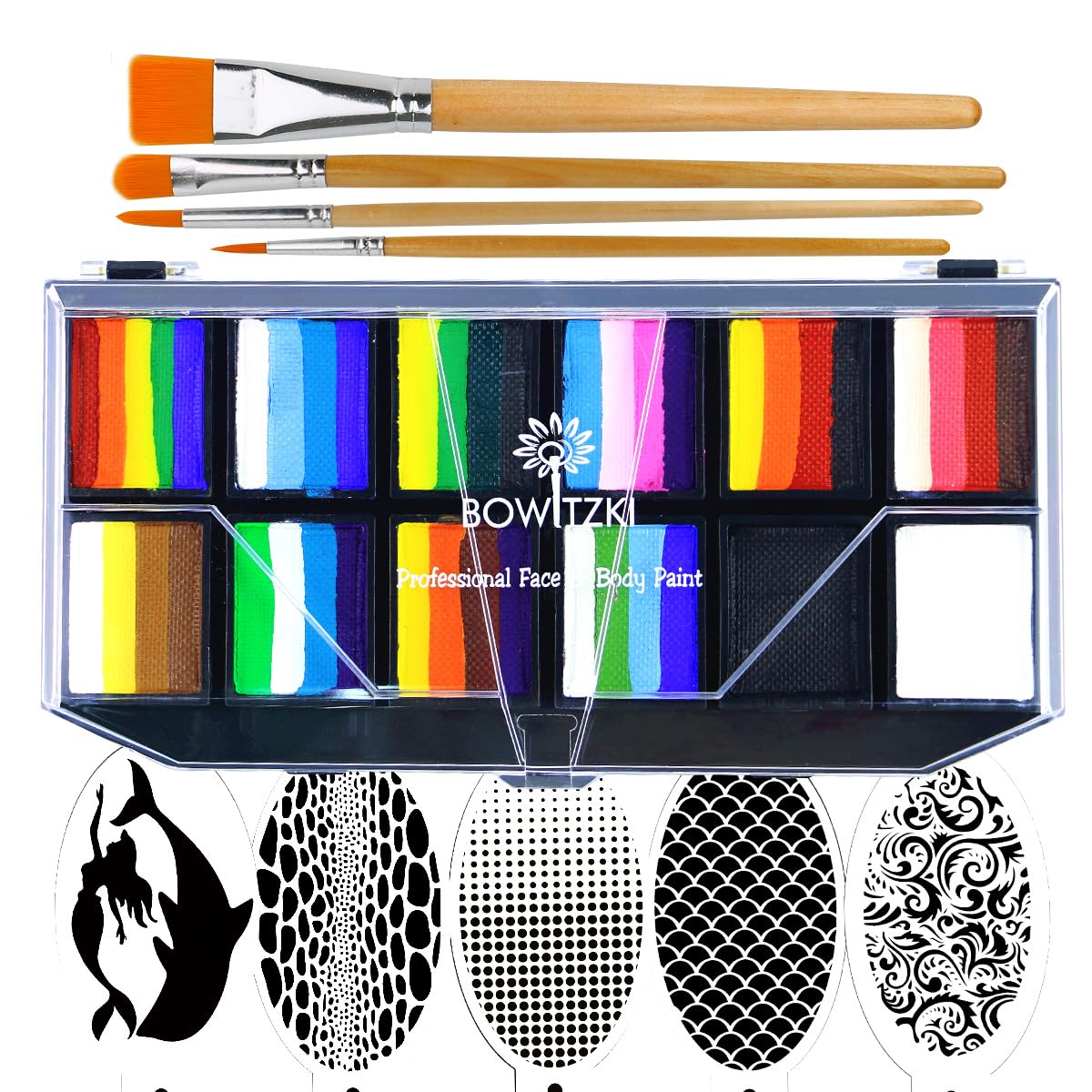 Bowitzki Professional Face Painting Kit For Kids Adults 12x10 gm Face paint Set with Stencil One Stroke Split Cake Non Toxic Rainbow Flora Dolphin Unicorn Flame Body Paint Makeup