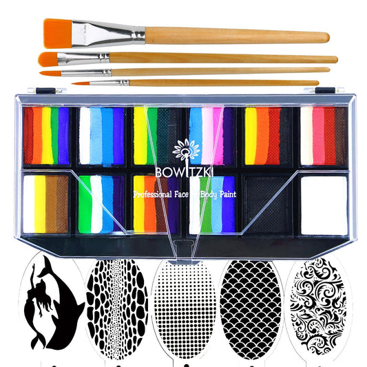 Bowitzki Professional Face Painting Kit For Kids Adults 12x10 gm Face paint Set with Stencil One Stroke Split Cake Non Toxic Rainbow Flora Dolphin Unicorn Flame Body Paint Makeup