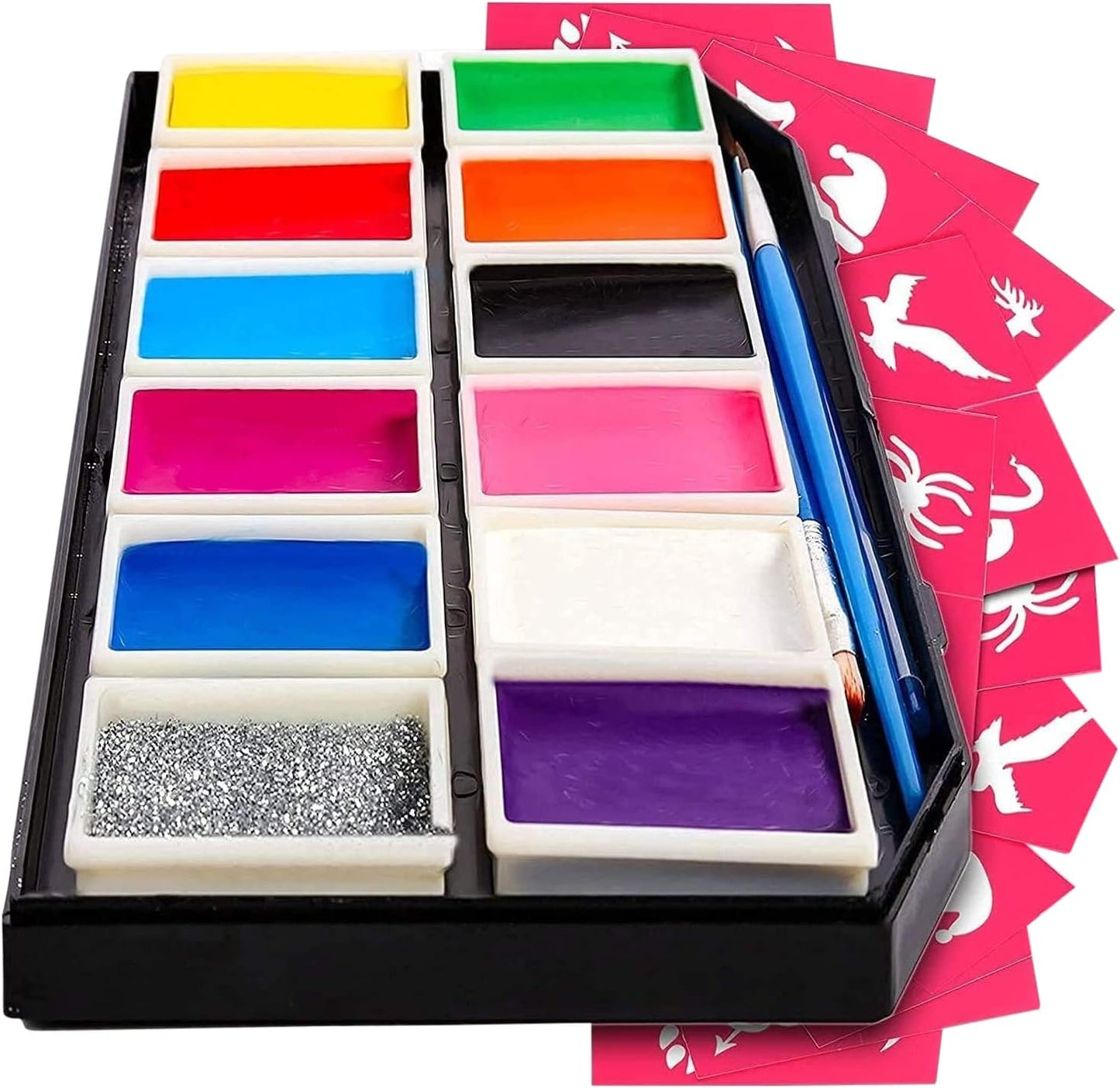 Colorful Art Co. Face Paint Kit for Kids - Pack of 16 Water-Based Paints with 3 Painting Brushes and 30 Stencils - Palette for Cosplay, SFX, Party & Holiday Makeup