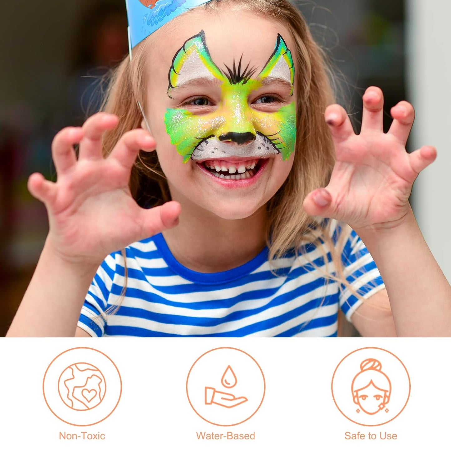 Face Painting Kit For Kids - 24 Water Based Non-Toxic Sensitive Skin Paints 3 Glitters 1 rainbow split cake 2 hair chalks combs 3 Paint Brushes 40 Stencils Face Body Paint for kids Party
