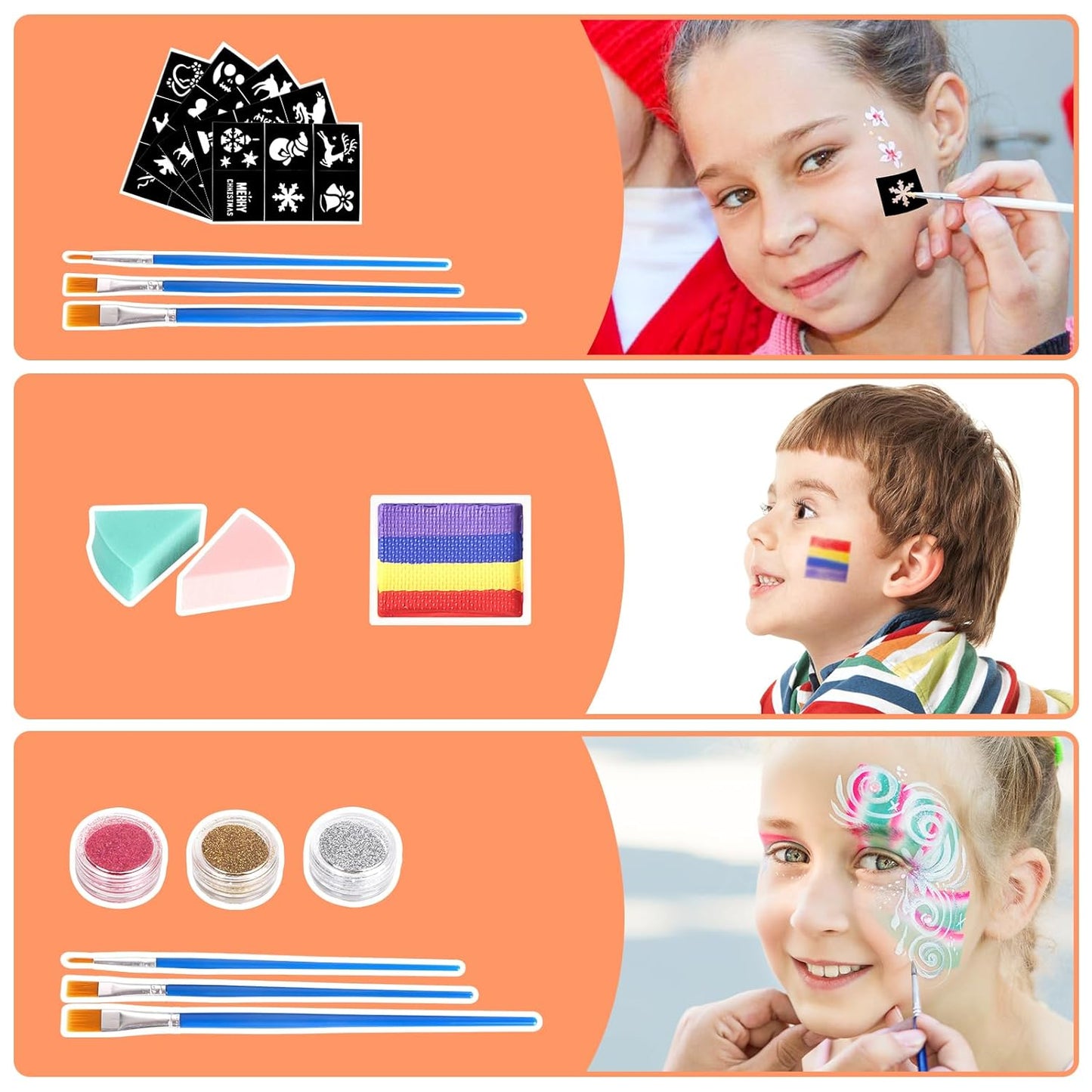 Face Painting Kit For Kids - 24 Water Based Non-Toxic Sensitive Skin Paints 3 Glitters 1 rainbow split cake 2 hair chalks combs 3 Paint Brushes 40 Stencils Face Body Paint for kids Party