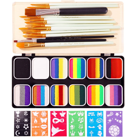 39 Colors Water Activated Face Painting Kit For Kids - Professional Face Paint with Stencil - Non Toxic Facepaint Makeup Kit with Brushes for Halloween