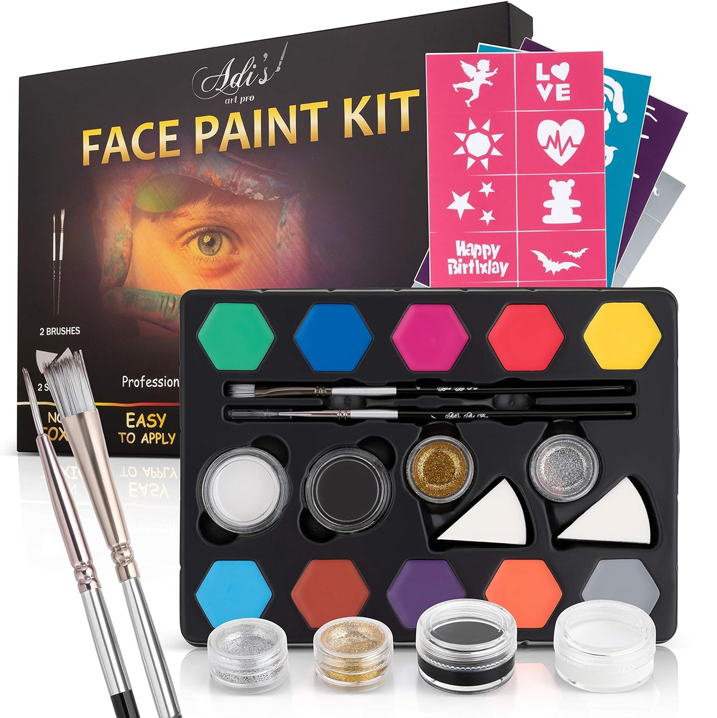 Face Painting Kit For Kids Party - 20 Water Based Non-Toxic Sensitive Skin Paints 3 Glitters 2 hair chalks combs 3 Paint Brushes 40 Stencils for kids 2 Tattoos Sheets Facepaint Kids Face Paint