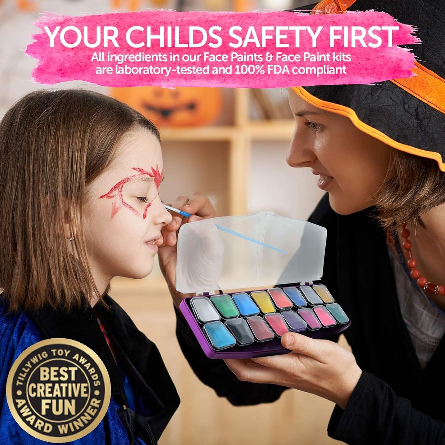 Colorful Art Co. Face Paint Kit for Kids - Pack of 16 Water-Based Paints with 3 Painting Brushes and 30 Stencils - Palette for Cosplay, SFX, Party & Holiday Makeup