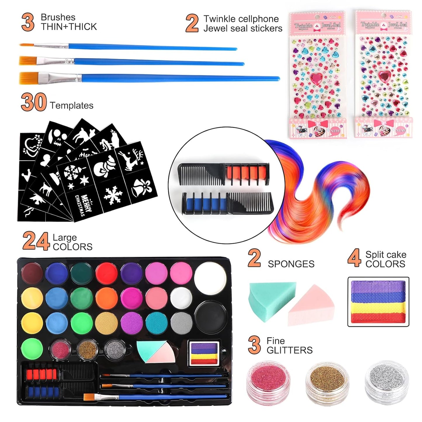 Face Painting Kit For Kids - 24 Water Based Non-Toxic Sensitive Skin Paints 3 Glitters 1 rainbow split cake 2 hair chalks combs 3 Paint Brushes 40 Stencils Face Body Paint for kids Party