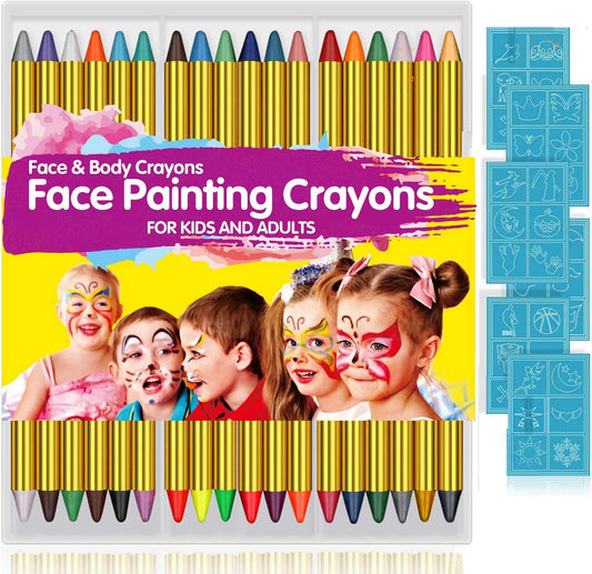 Face Paint Crayons for Kids, 36 Makeup Sticks & 36 Stencils, Professtional Face Painting kit for Halloween or Birthday Party, 6 Fluorescent, 6 Metallic & 24 Classic Colors, Safe for Sensitive Skin
