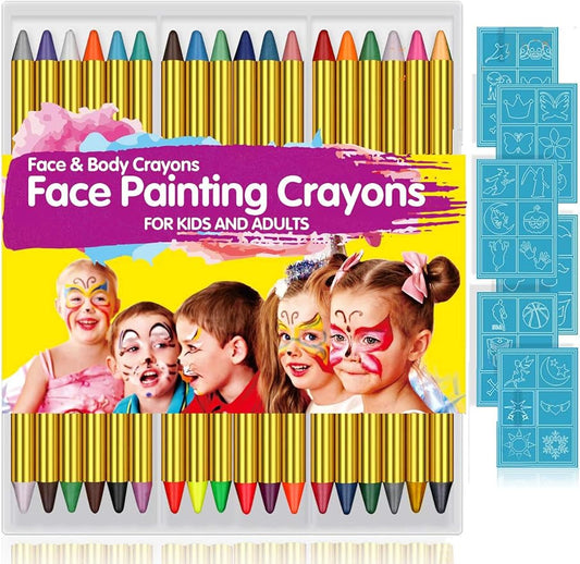 Face Paint Crayons for Kids, 36 Makeup Sticks & 36 Stencils, Professtional Face Painting kit for Halloween or Birthday Party, 6 Fluorescent, 6 Metallic & 24 Classic Colors, Safe for Sensitive Skin