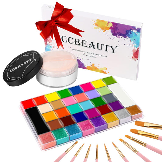 CCBeauty Face Body Paint Oil Palette Professional 36 Colors Face Painting Kit Cosplay Makeup with Translucent Setting Powder锛?0 Pink Brushes Halloween SFX Clown Makeup Kit for Adult
