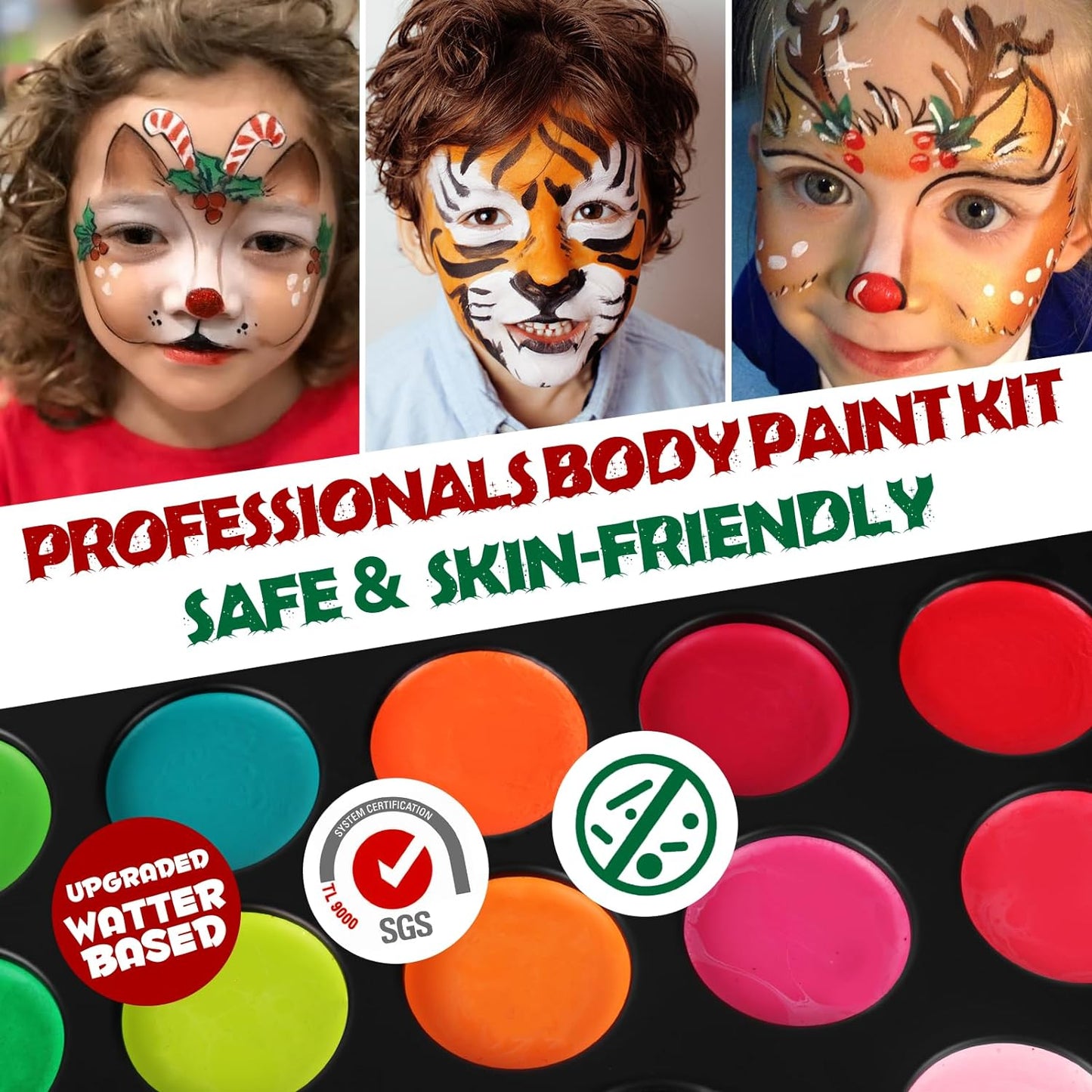 30 Colors Face Paint Kit, Reusable Water Based Body Paints Palette with Brushes and Face Painting Stencils for Kids and Adults Professional Halloween Cosplay and Parties Make-up Kit