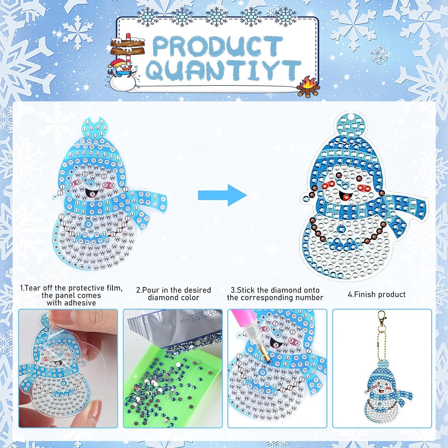 GUHAR 12PCS Snowman Diamond Painting Keychain Set DIY Diamond Painting Keychain with Silver Rope Rhinestone Mosaic Production Full Diamond Pendant Suitable for Christmas Art and Crafts Supplies