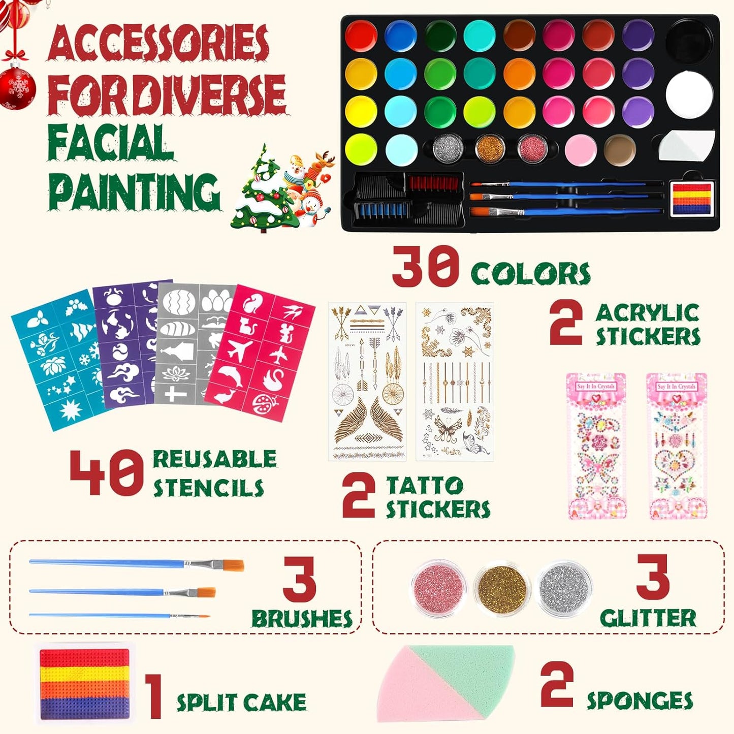 30 Colors Face Paint Kit, Reusable Water Based Body Paints Palette with Brushes and Face Painting Stencils for Kids and Adults Professional Halloween Cosplay and Parties Make-up Kit