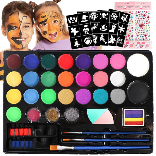 Face Painting Kit For Kids - 24 Water Based Non-Toxic Sensitive Skin Paints 3 Glitters 1 rainbow split cake 2 hair chalks combs 3 Paint Brushes 40 Stencils Face Body Paint for kids Party
