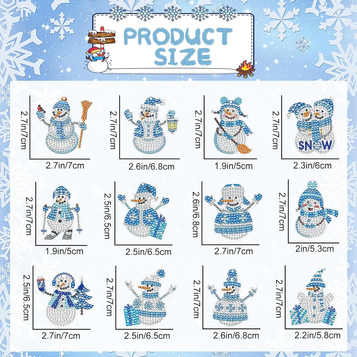 GUHAR 12PCS Snowman Diamond Painting Keychain Set DIY Diamond Painting Keychain with Silver Rope Rhinestone Mosaic Production Full Diamond Pendant Suitable for Christmas Art and Crafts Supplies