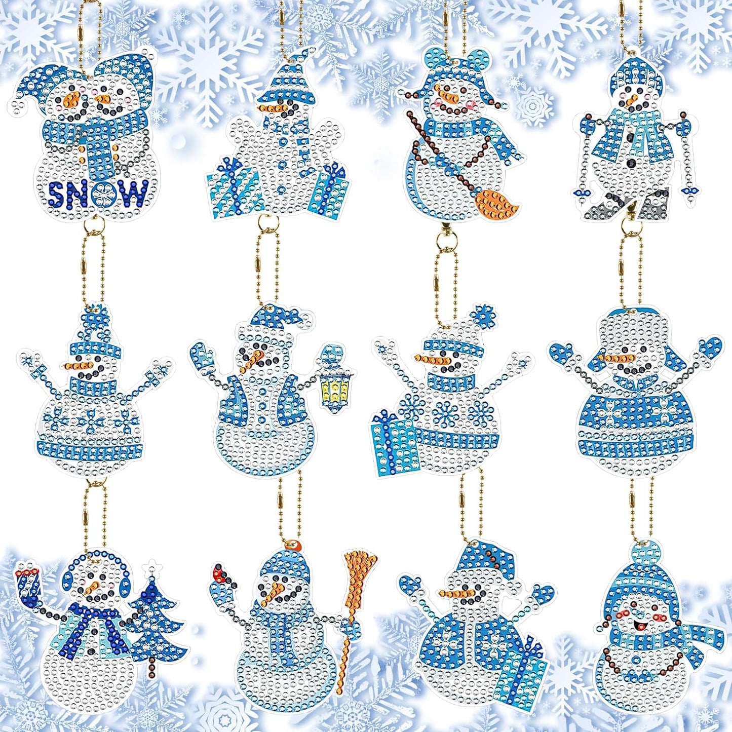 GUHAR 12PCS Snowman Diamond Painting Keychain Set DIY Diamond Painting Keychain with Silver Rope Rhinestone Mosaic Production Full Diamond Pendant Suitable for Christmas Art and Crafts Supplies