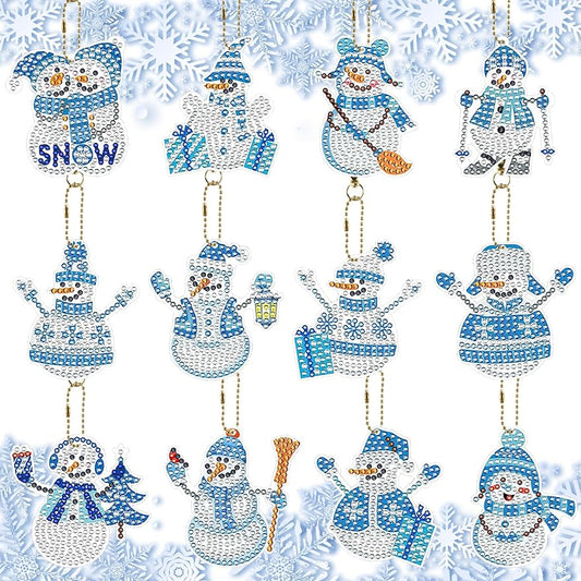 GUHAR 12PCS Snowman Diamond Painting Keychain Set DIY Diamond Painting Keychain with Silver Rope Rhinestone Mosaic Production Full Diamond Pendant Suitable for Christmas Art and Crafts Supplies