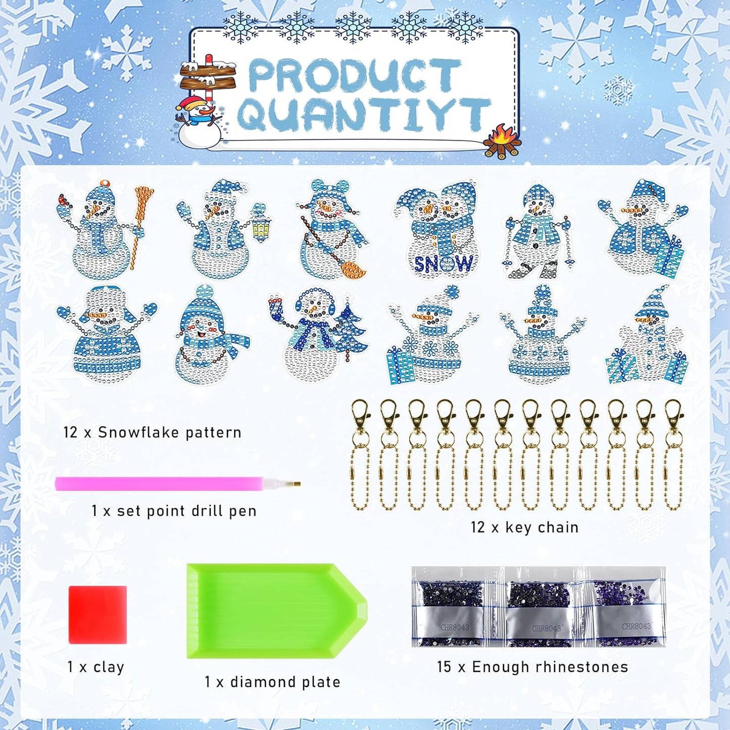 GUHAR 12PCS Snowman Diamond Painting Keychain Set DIY Diamond Painting Keychain with Silver Rope Rhinestone Mosaic Production Full Diamond Pendant Suitable for Christmas Art and Crafts Supplies