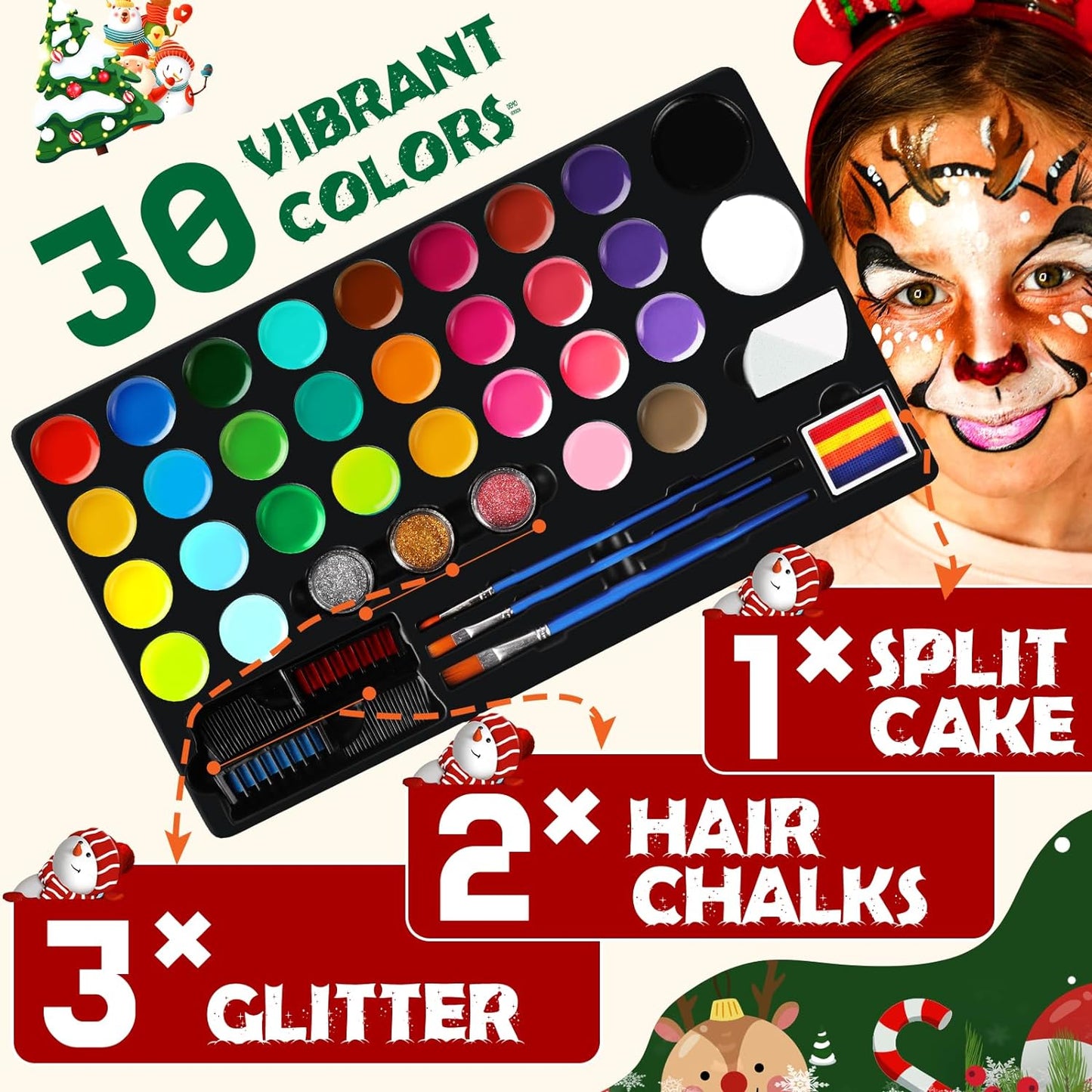 30 Colors Face Paint Kit, Reusable Water Based Body Paints Palette with Brushes and Face Painting Stencils for Kids and Adults Professional Halloween Cosplay and Parties Make-up Kit