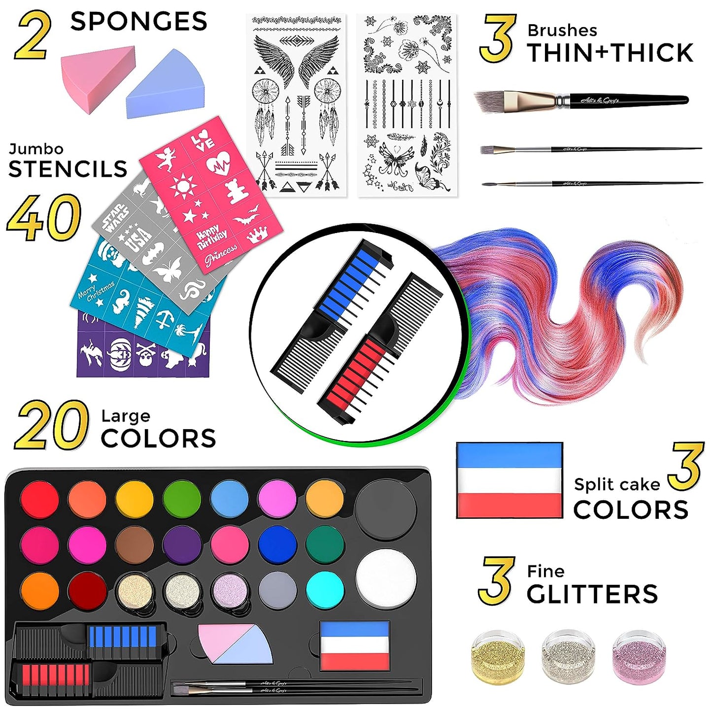 Face Painting Kit For Kids Party - 20 Water Based Non-Toxic Sensitive Skin Paints 3 Glitters 2 hair chalks combs 3 Paint Brushes 40 Stencils for kids 2 Tattoos Sheets Facepaint Kids Face Paint
