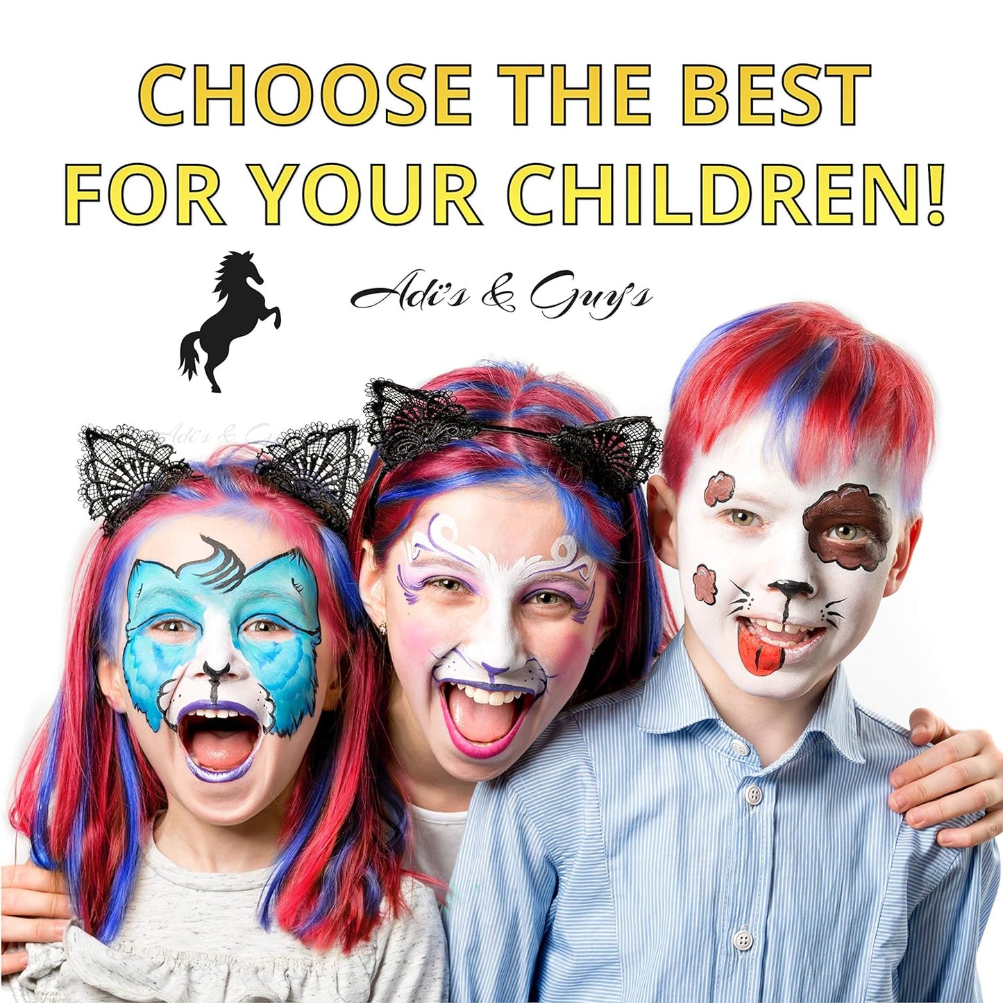 Face Painting Kit For Kids Party - 20 Water Based Non-Toxic Sensitive Skin Paints 3 Glitters 2 hair chalks combs 3 Paint Brushes 40 Stencils for kids 2 Tattoos Sheets Facepaint Kids Face Paint