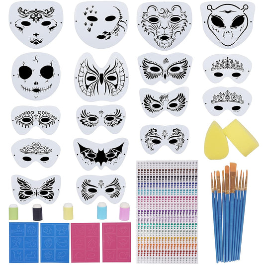 39Pcs Face Painting Stencils Kit-21 Face Painting Stencils 900 Face Gems 10 Paint Brush 2 Face Painting Sponges 5 Finger Sponges, Face Paint Stencils for Holiday Party Festival Makeup or Costumes