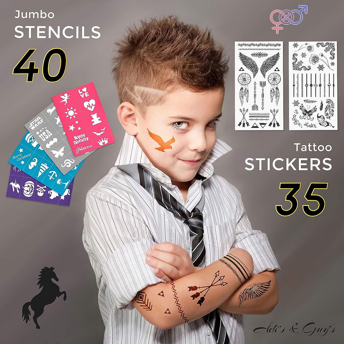 Face Painting Kit For Kids Party - 20 Water Based Non-Toxic Sensitive Skin Paints 3 Glitters 2 hair chalks combs 3 Paint Brushes 40 Stencils for kids 2 Tattoos Sheets Facepaint Kids Face Paint